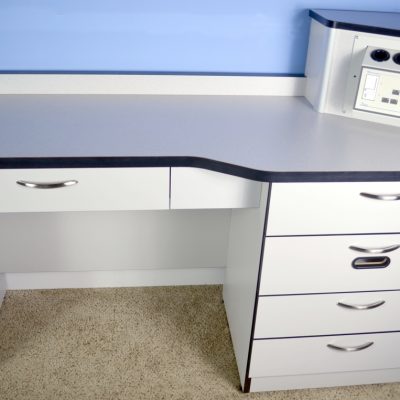 Prelude refraction desk with tall console "A" and Varitronics Z9000-1P system. Shown in grey with black trim.