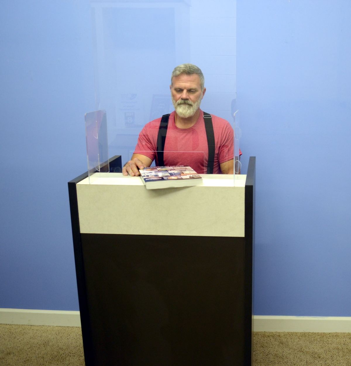 Enviro-Guard/Free Standing/Portable Enviro-Guard (2'W x 3'T shown). Ideal for Reception, Consulting, Contact Lens, Point of Sale, and more. Sizes available for seated or standing positions (see sizes below). Made in NC with American-made materials. Choice of solid front or 3” tall transaction cutout (shown). 1/4” thick clear acrylic. Easy assembly—locking tabs, no tools! Custom sizes available.
