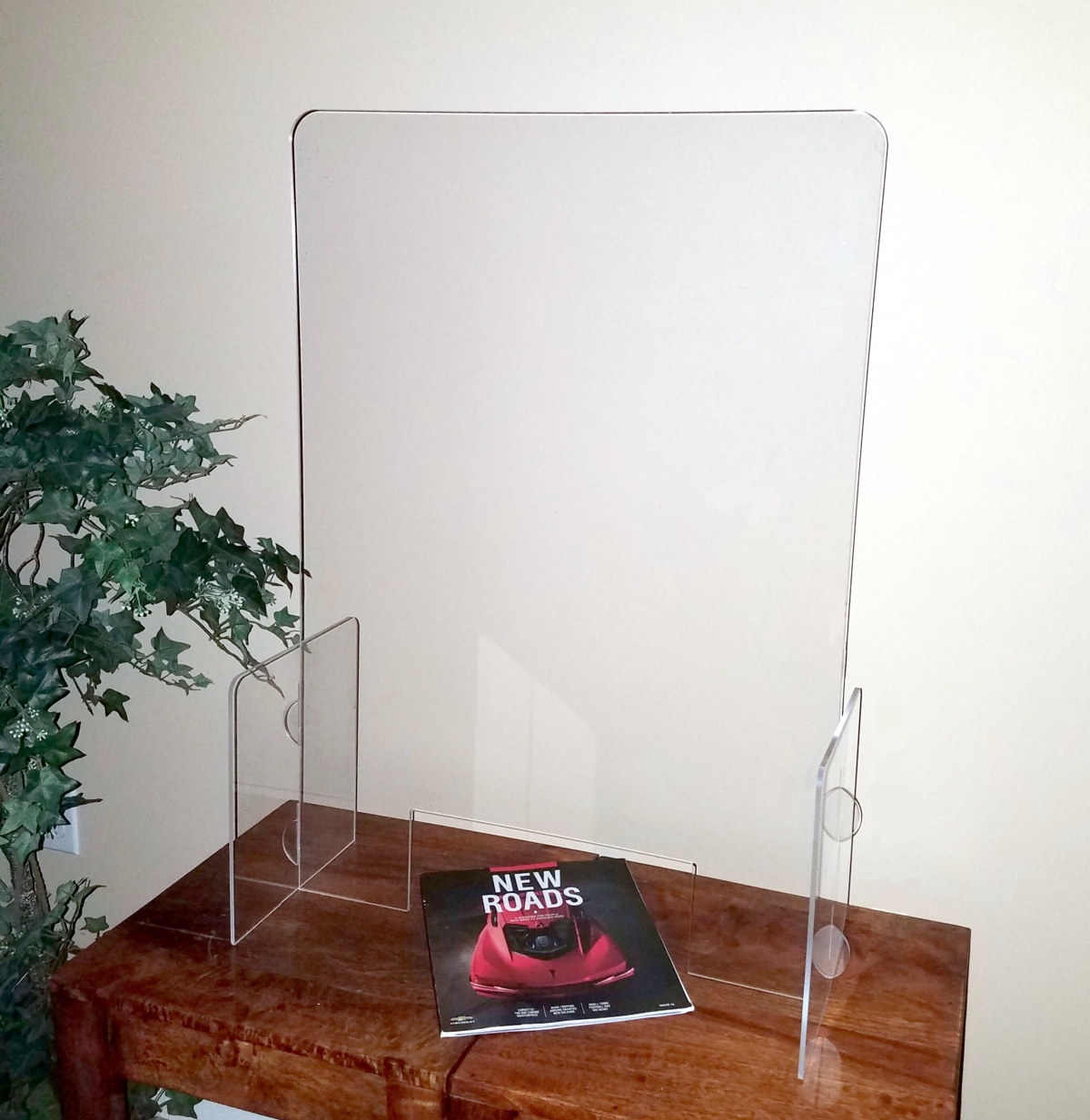 For reference only, not actual size, please see dimensions. Enviro-Guard. Ideal for Reception, Consulting, Contact Lens, Point of Sale, and more. Sizes available for seated or standing positions (see sizes below). Made in NC with American-made materials. Choice of solid front or 3” tall transaction cutout (shown). 1/4” thick clear acrylic. Easy assembly—locking tabs, no tools! Custom sizes available.