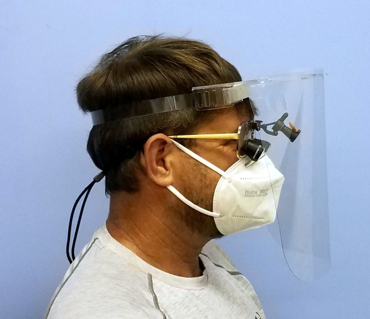 Loupe Face Shield Specially designed with clearance for magnifying Loupes. Add-on forehead guard coming soon! Lightweight open frame design for improved airflow & comfort. Foam strip included (Your option to attach to front strap). Replacement shield and straps (front and back) available. Adjustable back strap. Easy to wipe clean. Made in NC with American-made materials.